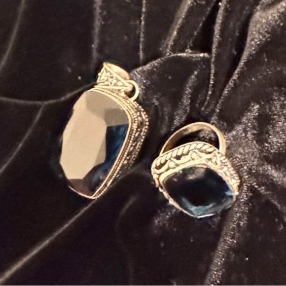 (X2 set) Sterling Silver 925 and lab created Sapphire Set Size 9 Ring & Pendant - Picture 1 of 11